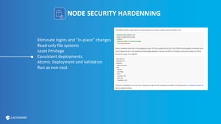 NODE SECURITY HARDENNING
Eliminate logins and “in-place” changes
Read-only file systems
Least Privilege
Consistent deployments
Atomic Deployment and Validation
Run as non-root
 