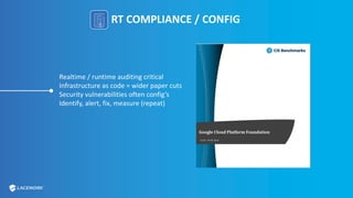 RT COMPLIANCE / CONFIG
Realtime / runtime auditing critical
Infrastructure as code = wider paper cuts
Security vulnerabilities often config’s
Identify, alert, fix, measure (repeat)
 