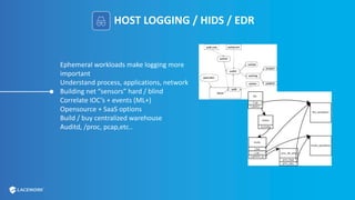 HOST LOGGING / HIDS / EDR
Ephemeral workloads make logging more
important
Understand process, applications, network
Building net “sensors” hard / blind
Correlate IOC’s + events (ML+)
Opensource + SaaS options
Build / buy centralized warehouse
Auditd, /proc, pcap,etc..
 