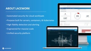 ABOUT LACEWORK
Automated security for cloud workloads
Purpose built for servers, containers, & Kubernetes
High fidelity detection and alerting
Engineered for massive scale
Unified security platform
 