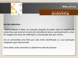 Um dos objectivos…
…deste projecto é obter um conjunto alargado de dados sobre as espécies de
andorinhas que ocorrem na área do Concelho de Soure, particularmente a data
de chegada aos locais de nidificação e a localização dos seus ninhos.
Vai ser preenchida uma ficha por cada ninho identificado e a sua localização
mapeada e geo-referenciada.
Estes dados serão colocados na plataforma web do projecto.
Objectivos
 