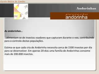 As andorinhas…
…alimentam-se de insectos voadores que capturam durante o voo, contribuindo
para o controlo destas populações.
Estima-se que cada cria de Andorinha necessita cerca de 1500 insectos por dia
para se desenvolver. Em apenas 20 dias uma família de Andorinhas consome
mais de 200.000 insectos.
Andorinhas
 