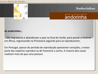 As andorinhas…
…são migradoras e abandonam o país no final do Verão, para passar o Inverno
em África, regressando na Primavera seguinte para se reproduzirem.
Em Portugal, apesar do período de reprodução apresentar variações, a maior
parte das espécies reproduz-se de Fevereiro a Junho. A maioria dos casais
realizam mais do que uma postura.
Andorinhas
 
