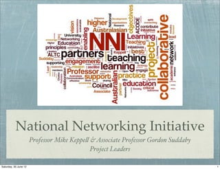 National Networking Initiative
                       Professor Mike Keppe! & Associate Professor Gordon Suddaby
                                             Project Leaders

Saturday, 30 June 12                                                                1
 