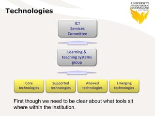 Technologies
First though we need to be clear about what tools sit
where within the institution.
 