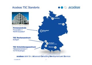 Acodeas TSC Standorte




Firmenzentrale
Prinzenallee 7
40549 Düsseldorf


TSC Rechenzentrum
Stuttgart



TSC Entwicklungs...