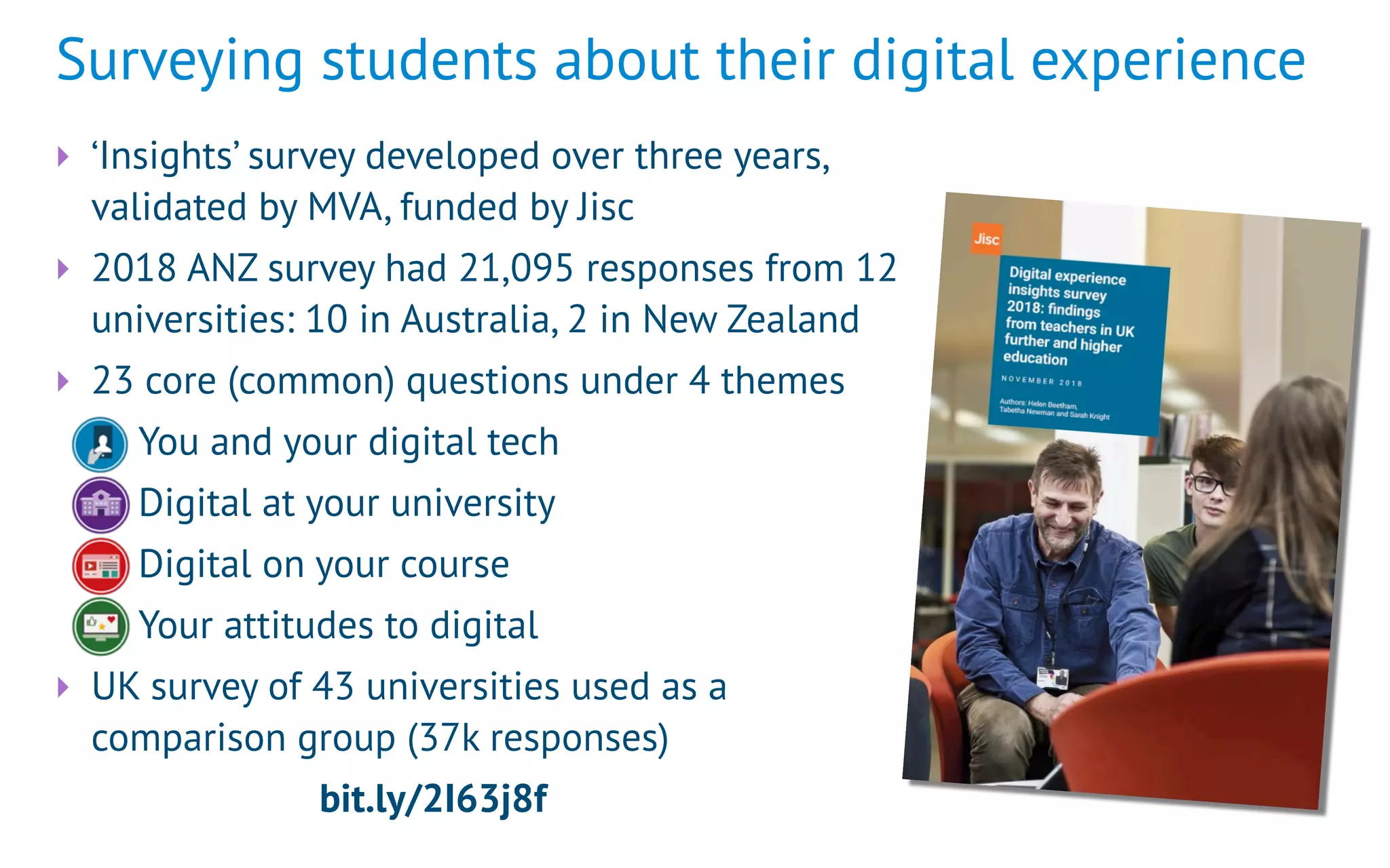 Surveying students about their digital experience
‣ ‘Insights’ survey developed over three years,
validated by MVA, funded by Jisc
‣ 2018 ANZ survey had 21,095 responses from 12
universities: 10 in Australia, 2 in New Zealand
‣ 23 core (common) questions under 4 themes
-You and your digital tech
-Digital at your university
-Digital on your course
-Your attitudes to digital
‣ UK survey of 43 universities used as a
comparison group (37k responses)
bit.ly/2I63j8f
 
