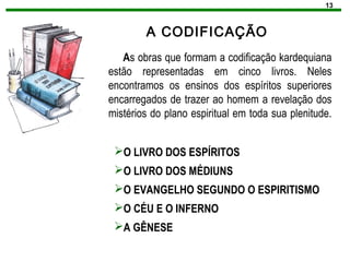 13
As obras que formam a codificação kardequiana
estão representadas em cinco livros. Neles
encontramos os ensinos dos espíritos superiores
encarregados de trazer ao homem a revelação dos
mistérios do plano espiritual em toda sua plenitude.
O LIVRO DOS ESPÍRITOS
O LIVRO DOS MÉDIUNS
O EVANGELHO SEGUNDO O ESPIRITISMO
O CÉU E O INFERNO
A GÊNESE
A CODIFICAÇÃO
 