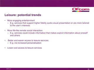 Work and employment - developmentsEnabling older and disabled people to participate more easily in  work and education, e.g.   Support greater remote presenceEnable access to shared information resourcesReduced social isolation, e.g. Increased access to working and learningNew tools/services to enable users to work collaboratively on documents.Improved access for study and work, e.g.: Easier searching for information via more intuitive online searchesIncreased distribution of digital forms of communication, e.g.Making material more accessible to people with specific access needs21