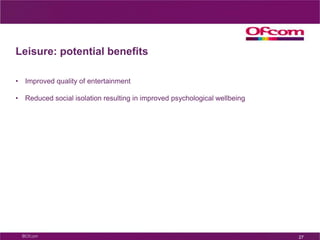 Work and employment: potential benefitsGreater financial independence;More independent living;Improved psychological wellbeing; Improved sense of self-worth;Potential to support older and disabled people to contribute more to society and for longer22