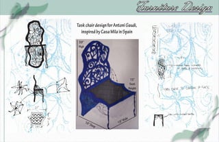 Furniture Design
Task chair design for Antoni Gaudi,
  inspired by Casa Mila in Spain
 39”
 High




                                     15”
                                     Seat
                                    Height




                                e
        18”              9” Wid
              Dee       1
                  p
 