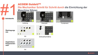 #1
ACOEM GuideU™
Die Mechaniker Schritt für Schritt durch die Einrichtung der
Maschine führen
Antriebsinfo
Übertragungs
info
Leistung Drehzahl Fundament
Art Drehzahlverhältnis
Angetriebene
Komponenten
wahl
Art
 