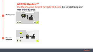 Machinenname
Bild der
Maschine
ACOEM GuideU™
Die Mechaniker Schritt für Schritt durch die Einrichtung der
Maschine führen
 