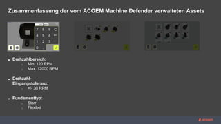 ■ Driven Components
o Fans (btw bearings, overhung)
o Pumps (btw bearings, overhung)
o Blower
o Alternator
o Centrifugal Compressor
o Roller
o Shaft
■ Transmission types:
o Direct driven
o Belt driven
o Gearbox driven
(up to 4 stages)
■ Coupling:
o Rigid
o Flexible
Zusammenfassung der vom ACOEM Machine Defender verwalteten Assets
■ Drehzahlbereich:
o Min. 120 RPM
o Max. 12000 RPM
■ Drehzahl-
Eingangstoleranz:
o +/- 30 RPM
■ Fundamenttyp:
o Starr
o Flexibel
 