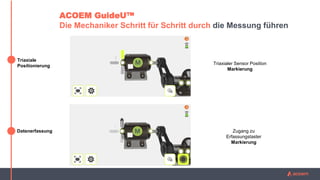 ACOEM GuideU™
Die Mechaniker Schritt für Schritt durch die Messung führen
Datenerfassung
Triaxialer Sensor Position
Markierung
Zugang zu
Erfassungstaster
Markierung
Triaxiale
Positionierung
 