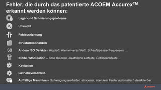 Unwucht
Lager-und Schmierungsprobleme
Fehlausrichtung
Strukturresonanzen
Andere ISO Defekte - Kippfuß, Riemenverschleiß, Schaufelpassierfrequenzen …
Stöße / Modulation – Lose Bauteile, elektrische Defekte, Getriebedefekte…
Kavitation
Getriebeverschleiß
Auffällige Maschine – Schwingungsverhalten abnormal, aber kein Fehler automatisch detektierbar
Fehler, die durch das patentierte ACOEM AccurexTM
erkannt werden können:
 