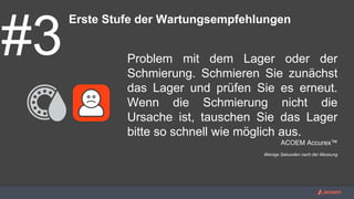 Erste Stufe der Wartungsempfehlungen
#3 Problem mit dem Lager oder der
Schmierung. Schmieren Sie zunächst
das Lager und prüfen Sie es erneut.
Wenn die Schmierung nicht die
Ursache ist, tauschen Sie das Lager
bitte so schnell wie möglich aus.
ACOEM Accurex™
Wenige Sekunden nach der Messung
 