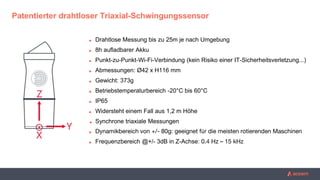 Patentierter drahtloser Triaxial-Schwingungssensor
■ Drahtlose Messung bis zu 25m je nach Umgebung
■ 8h aufladbarer Akku
■ Punkt-zu-Punkt-Wi-Fi-Verbindung (kein Risiko einer IT-Sicherheitsverletzung...)
■ Abmessungen: Ø42 x H116 mm
■ Gewicht: 373g
■ Betriebstemperaturbereich -20°C bis 60°C
■ IP65
■ Widersteht einem Fall aus 1,2 m Höhe
■ Synchrone triaxiale Messungen
■ Dynamikbereich von +/- 80g: geeignet für die meisten rotierenden Maschinen
■ Frequenzbereich @+/- 3dB in Z-Achse: 0.4 Hz – 15 kHz
 