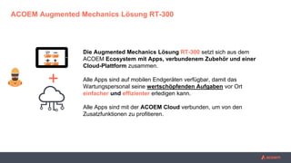 ACOEM Augmented Mechanics Lösung RT-300
Die Augmented Mechanics Lösung RT-300 setzt sich aus dem
ACOEM Ecosystem mit Apps, verbundenem Zubehör und einer
Cloud-Plattform zusammen.
Alle Apps sind auf mobilen Endgeräten verfügbar, damit das
Wartungspersonal seine wertschöpfenden Aufgaben vor Ort
einfacher und effizienter erledigen kann.
Alle Apps sind mit der ACOEM Cloud verbunden, um von den
Zusatzfunktionen zu profitieren.
+
 