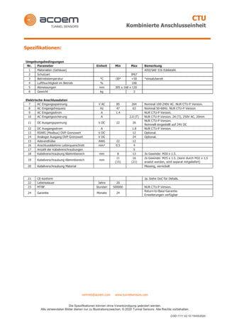 CTU
Kombinierte Anschlusseinheit
vertrieb@acoem.com www.tunnelsensors.com
Die Spezifikationen können ohne Vorankündigung geändert werden.
Alle verwendeten Bilder dienen nur zu Illustrationszwecken. © 2020 Tunnel Sensors. Alle Rechte vorbehalten.
COD-1111 V2.1D 15/05/2020
Spezifikationen:
Umgebungsbedingungen
Nr. Parameter Einheit Min Max Bemerkung
1 Materialien (Gehäuse) AISI/SAE 316 Edelstahl.
2 Schutzart IP67
3 Betriebstemperatur °C -30* +50 *einsatzbereit
4 Luftfeuchtigkeit im Betrieb % 100
5 Abmessungen mm 305 x 168 x 120
6 Gewicht kg 3
Elektrische Anschlussdaten
7 AC Eingangsspannung V AC 85 264 Nominal 100-240V AC. NUR CTU-P Version.
8 AC Eingangsfrequenz Hz 47 63 Nominal 50-60Hz. NUR CTU-P Version
9 AC Eingangsstrom A 1.4 NUR CTU-P Version.
10 AC Eingangssicherung A 2.0 (T) NUR CTU-P Version. 2A (T), 250V AC, 20mm
11 DC Ausgangspannung V DC 22 26
NUR CTU-P Version.
Nominell eingestellt auf 24V DC
12 DC Ausgangsstrom A 1.8 NUR CTU-P Version.
13 RS485 (Modbus) OVP Grenzwert V DC 12 Optional.
14 Analoger Ausgang OVP Grenzwert V DC 24 Optional.
15 Aderendhülse AWG 22 12
16 Anschlussklemme Leiterquerschnitt mm² 0.5 4
17 Anzahl der Kabelverschraubungen 5
18 Kabelverschraubung Klemmbereich mm 8 13 3x Gewinde: M20 x 1.5.
19 Kabelverschraubung Klemmbereich mm
11
(15)
16
(21)
2x Gewinde: M25 x 1.5. (kann durch M32 x 1,5
ersetzt werden, wird separat mitgeliefert)
20 Kabelverschraubung Material Messing, vernickelt
21 CE-konform Ja. Siehe DoC für Details.
22 Lebensdauer Jahre 20
23 MTBF Stunden 500000 NUR CTU-P Version.
24 Garantie Monate 24
Return-to-Base-Garantie.
Erweiterungen verfügbar
 