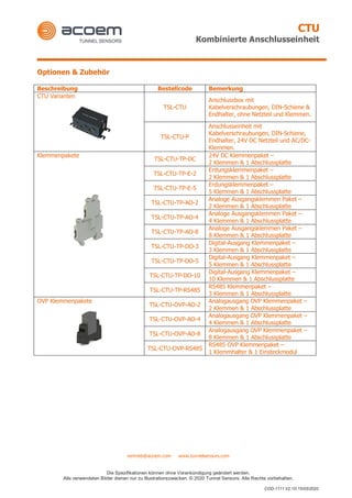 CTU
Kombinierte Anschlusseinheit
vertrieb@acoem.com www.tunnelsensors.com
Die Spezifikationen können ohne Vorankündigung geändert werden.
Alle verwendeten Bilder dienen nur zu Illustrationszwecken. © 2020 Tunnel Sensors. Alle Rechte vorbehalten.
COD-1111 V2.1D 15/05/2020
Optionen & Zubehör
Beschreibung Bestellcode Bemerkung
CTU Varianten
TSL-CTU
Anschlussbox mit
Kabelverschraubungen, DIN-Schiene &
Endhalter, ohne Netzteil und Klemmen.
TSL-CTU-P
Anschlusseinheit mit
Kabelverschraubungen, DIN-Schiene,
Endhalter, 24V DC Netzteil und AC/DC-
Klemmen.
Klemmenpakete
TSL-CTU-TP-DC
24V DC Klemmenpaket –
2 Klemmen & 1 Abschlussplatte
TSL-CTU-TP-E-2
Erdungsklemmenpaket –
2 Klemmen & 1 Abschlussplatte
TSL-CTU-TP-E-5
Erdungsklemmenpaket –
5 Klemmen & 1 Abschlussplatte
TSL-CTU-TP-AO-2
Analoge Ausgangsklemmen Paket –
2 Klemmen & 1 Abschlussplatte
TSL-CTU-TP-AO-4
Analoge Ausgangsklemmen Paket –
4 Klemmen & 1 Abschlussplatte
TSL-CTU-TP-AO-8
Analoge Ausgangsklemmen Paket –
8 Klemmen & 1 Abschlussplatte
TSL-CTU-TP-DO-3
Digital-Ausgang Klemmenpaket –
3 Klemmen & 1 Abschlussplatte
TSL-CTU-TP-DO-5
Digital-Ausgang Klemmenpaket –
5 Klemmen & 1 Abschlussplatte
TSL-CTU-TP-DO-10
Digital-Ausgang Klemmenpaket –
10 Klemmen & 1 Abschlussplatte
TSL-CTU-TP-RS485
RS485 Klemmenpaket –
3 Klemmen & 1 Abschlussplatte
OVP Klemmenpakete
TSL-CTU-OVP-AO-2
Analogausgang OVP Klemmenpaket –
2 Klemmen & 1 Abschlussplatte
TSL-CTU-OVP-AO-4
Analogausgang OVP Klemmenpaket –
4 Klemmen & 1 Abschlussplatte
TSL-CTU-OVP-AO-8
Analogausgang OVP Klemmenpaket –
8 Klemmen & 1 Abschlussplatte
TSL-CTU-OVP-RS485
RS485 OVP Klemmenpaket –
1 Klemmhalter & 1 Einsteckmodul
 