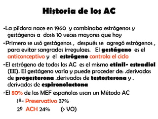 Historia de los AC
-La píldora nace en 1960 y combinaba estrógenos y
  gestágenos a dosis 10 veces mayores que hoy
-Primero se usó gestágenos , después se agregó estrógenos ,
  para evitar sangrados irregulaes. El gestágeno es el
  anticonceptivo y el estrógeno controla el ciclo
-El estrógeno de todos los AC es el mismo etinil- estradiol
  (EE). El gestágeno varía y puede proceder de: .derivados
  de progesterona .derivados de testosterona y .
  derivados de espironolactona
-El 80% de las MEF españolas usan un Método AC
      1º- Preservativo 37%
      2º ACH 24%        (> VO)
 