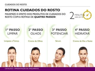 1º PASSO
LIMPAR
2º PASSO
OLHOS
3º PASSO
POTENCIAR
4º PASSO
HIDRATAR
Limpeza e Tónico Creme de Olhos Sérum Creme de Dia e Noite
CUIDADOS DO ROSTO
CATÁLOGO 1 APRESENTAÇÃO DE LANÇAMENTO
ROTINA CUIDADOS DO ROSTO
MAXIMIZE O EFEITO DOS PRODUTOS DE CUIDADOS DO
ROSTO COM A ROTINA DE QUATRO PASSOS!
 