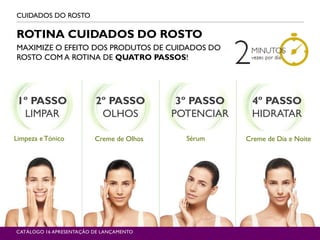 1º PASSO
LIMPAR
2º PASSO
OLHOS
3º PASSO
POTENCIAR
4º PASSO
HIDRATAR
Limpeza e Tónico Creme de Olhos Sérum Creme de Dia e Noite
CUIDADOS DO ROSTO
CATÁLOGO 16 APRESENTAÇÃO DE LANÇAMENTO
ROTINA CUIDADOS DO ROSTO
MAXIMIZE O EFEITO DOS PRODUTOS DE CUIDADOS DO
ROSTO COM A ROTINA DE QUATRO PASSOS!
 