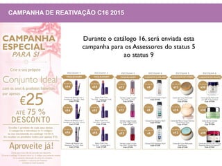 CAMPANHA DE REATIVAÇÃO C16 2015
Durante o catálogo 16, será enviada esta
campanha para os Assessores do status 5
ao status 9
 