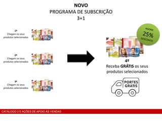 CATÁLOGO 2 E AÇÕES DE APOIO ÀS VENDAS
4º
Receba GRÁTIS os seus
produtos selecionados
NOVO
PROGRAMA DE SUBSCRIÇÃO
3+1
1º
Chegam os seus
produtos selecionados
2º
Chegam os seus
produtos selecionados
3º
Chegam os seus
produtos selecionados
 