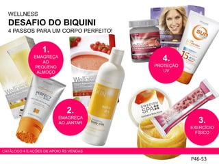 WELLNESS
DESAFIO DO BIQUINI
4 PASSOS PARA UM CORPO PERFEITO!
P46-53
1.
EMAGREÇA
AO
PEQUENO
ALMOÇO
CATÁLOGO 4 E AÇÕES DE APOIO ÀS VENDAS
2.
EMAGREÇA
AO JANTAR
4.
PROTEÇÃO
UV
3.
EXERCÍCIO
FÍSICO
 