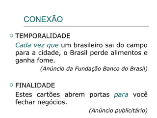 CONEXÃO TEMPORALIDADE Cada vez que  um brasileiro sai do campo para a cidade, o Brasil perde alimentos e ganha fome. (Anúncio da Fundação Banco do Brasil) FINALIDADE Estes cartões abrem portas  para  você fechar negócios. (Anúncio publicitário) 