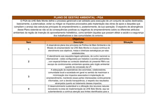 abrangência desse Plano estende-se não só às conseqüências positivas ou
negativas do empreendimento sobre os diferentes atributos ambientais da
região de inserção do aproveitamento hidrelétrico, como também àquelas que
possam afetar a saúde e a segurança dos trabalhadores e das comunidades do
entorno.


Assim,
Como objetivos específicos têm-se, para o PGA:


- A observância plena dos princípios da Política de Meio Ambiente e da Missão
do empreendedor da UHE Belo Monte e a busca contínua do atendimento aos
objetivos, metas e diretrizes estratégicas por elas estabelecidas;


-   O atendimento aos requisitos legais aplicáveis, de cunho nacional ou
internacional – estes configurados por tratados e acordos pertinentes -, com
especial ênfase ao conteúdo detalhado do presente PBA e ao escopo de
condicionantes ambientais apostas pelo órgão ambiental quando da concessão
da LP;


- A adequação às expectativas dos acionistas, colaboradores, comunidade
local e sociedade em geral no sentido de maximizar a minimização dos
impactos associados à implantação do empreendimento, mantendo essas
partes interessadas continuamente informadas, com a devida transparência, a
respeito dos resultados alcançados quanto ao tratamento desses impactos;


-   O desenvolvimento sustentável e a utilização dos recursos naturais
renováveis na área de implementação da UHE Belo Monte, aqui se
subentendendo a contínua atenção aos limites identificados para a capacidade
de suporte destes recursos frente às novas demandas configuradas direta ou
indiretamente pelo empreendimento;


- A proteção da saúde humana, do patrimônio cultural e da biodiversidade,
incluindo-se, no âmbito desta última, espécies tidas como ameaçadas e
ecossistemas sensíveis;
 