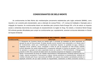 Condicionante 2.10         _Apresentar em até 30 dias após a definição do
concessionário de geração a estratégia para garantir que toda infraestrutura
necessária que antecede as obras.
Condicionante     2.11 _     Apresentar relatório    das   ações antecipatórias
realizadas, comprovando sua suficiência para o início da implantação do
empreendimento.
Condicionante 2.12 _ Estender aos municípios da Área de Influência Indireta
(AII) as ações do Plano de Articulação Institucional relativas a:         i) criar
mecanismos de articulação e cooperação entre entidades e instituições
federais e estaduais; ii) capacitar as equipes das administrações municipais;
iii) fortalecer a prática do planejamento participativo; iv) ampliar a articulação
entre as diferentes áreas da administração municipal e destas com outras
esferas de governo, até que o Plano de Desenvolvimento Regional Sustentável
do Xingu cumpra essas funções.
Condicionante 2.13 _ Em relação à navegação considerar no PBA: i) adoção
de soluções que permitam a continuidade da navegação durante todo o tempo
de construção e operação da usina, no trecho do rio Xingu submetido à vazão
reduzida e no rio Bacajá. Admite-se como exceção as famílias residentes nos
primeiros 10 km a jusante do barramento principal, na margem esquerda do rio
Xingu (comunidade São Pedro e habilitantes das ilhas), consideradas atingidas
com perdas imobiliárias; ii) para os demais afluentes da Volta Grande do rio
Xingu, as ações necessárias para que não haja o comprometimento da
atividades produtivas, respeitando os modos de vida daquelas comunidades; iii)
a adoção de medidas necessárias para prevenir, minimizar, indenizar ou
compensar o impactos na navegação previamente à sua ocorrência, inclusive
os aumentos de custos e tempo de percurso; iv) a necessidade de evitar a
substituição do transporte fluvial por terrestre, notadamente para as populações
indígenas;    e v) o detalhamento do mecanismo de transposição de
embarcações no barramento no sítio Pimental.
Condicionante 2.14 _ Apresentar no PBA proposta de constituição, garantia
de   representatividade,     funcionamento    e   integração    do   Fórum     de
Acompanhamento e dos Fóruns de Discussão Permanente.
 