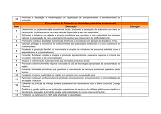 adoção de políticas convergentes com as diretrizes de planejamento à região,
propondo soluções de proteção ambiental e de desenvolvimento que
considerem a melhoria das condições de vida da população e a redução
dos riscos de perda do patrimônio natural;
10. Realizar o planejamento, o ordenamento e o desenvolvimento das
atividades produtivas locais, incluindo os pesqueiros e aquícolas;
11.    Compatibilizar as     intervenções    realizadas na     região com o uso
sustentável dos recursos naturais e a conservação dos biomas de forma a
garantir a qualidade de vida das populações que venham a ser, de alguma
forma, afetadas;
12.    Promover      ações       que   possam     estimular    o    processo    de
desenvolvimento da região e construir as possibilidades para a reversão do
quadro de desigualdades regionais, com base no apoio às atividades inerentes
às cadeiras produtivas;
13. Promover a regularização fundiária urbana e rural;
14.    Implantar e consolidar projetos de reforma agrária adequados às
características    ambientais,    às   aptidões   agrícolas,   econômicas   e   às
especificidades da região;
15. Qualificar o processo de gestão do PDRS do Xingu com a implantação de
um comitê de bacia, tendo-a por unidade integral de gestão;
16.    Garantir a participação de populações atingidas por intervenções em
infraestrutura em todo o processo de planejamento, implementação e
manutenção das mesmas; e
17.   Garantir a fiscalização, o monitoramento e a avaliação das atividades
produtivas de modo a consolidar a sua sustentabilidade.
Eixo temático II: Infraestrutura para o desenvolvimento
Transporte
1. Implantar, ampliar e viabilizar infraestruturas de transporte;
2.    Incentivar e viabilizar o sistema intermodal de transporte hidroviário –
rodoviário;
3. Garantir a trafegabilidade das estradas vicinais;
4. Promover a pavimentação das principais rodovias;
5. Ampliar e modernizar a oferta de aeroportos, aeródromos e portos;
6. Ampliar a oferta e universalizar o acesso à energia elétrica;
 