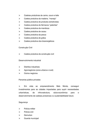      Cadeias produtivas de carne, couro e leite
     Cadeia produtiva da madeira, “manejo”
     Cadeia produtiva de produtos extrativistas
     Cadeia produtiva de fármacos “patentes”
     Cadeia produtiva da mandioca
     Cadeia produtiva de cacau
     Cadeia produtiva da pesca
     Cadeia produtiva de grãos
     Cadeia produtiva dos bioenergéticos


Construção Civil


     Cadeia produtiva da construção civil


Desenvolvimento industrial


     Distritos industriais
     Agronegócios (zona urbana e rural)
     Outros negócios


Parcerias público privadas


     Em        vista    ao     empreendimento      Belo   Monte,   conseguir
investimentos para as cidades impactadas para suprir necessidades
urbanísticas,       de        infra-estrutura,   sócio-econômica    para   o
desenvolvimento de cadeias produtivas e a sustentabilidade futura


Segurança


     Polícia militar
     Polícia civil
     Demutran
     Guarda municipal
 