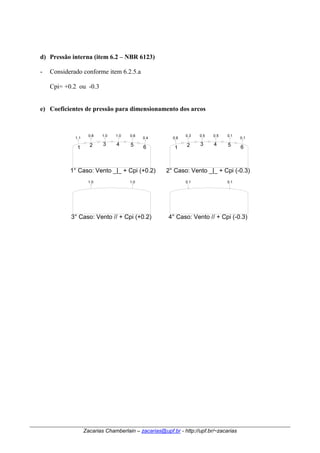 d) Pressão interna (item 6.2 – NBR 6123) 
- Considerado conforme item 6.2.5.a 
Cpi= +0.2 ou -0.3 
e) Coeficientes de pressão para dimensionamento dos arcos 
1.1 0.8 1.0 1.0 0.6 0.4 
1 2 3 4 5 6 
0.3 
0.6 
1 
2 
0.5 0.5 0.1 
3 4 5 6 
1° Caso: Vento _|_ + Cpi (+0.2) 2° Caso: Vento _|_ + Cpi (-0.3) 
1.0 1.0 
0.1 0.1 
Zacarias Chamberlain – zacarias@upf.br - http://upf.br/~zacarias 
0.1 
3° Caso: Vento // + Cpi (+0.2) 
4° Caso: Vento // + Cpi (-0.3) 
