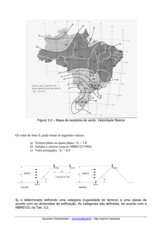 Figura 3.2 – Mapa de isopletas de vento, Velocidade Básica 
Os valor do fator S1 pode tomar os seguintes valores: 
a) Terreno plano ou quase plano : S1 = 1,0 
b) Taludes e morros (veja-se NBR6123/1988) 
c) Vales protegidos : S1 = 0,9 
B 
1,0<=S1<=1,78 
S2 é determinado definindo uma categoria (rugosidade do terreno) e uma classe de 
acordo com as dimensões da edificação. As categorias são definidas, de acordo com a 
NBR6123, na Tab. 3.2. 
Zacarias Chamberlain – zacarias@upf.br - http://upf.br/~zacarias 
VENTO 
B C 
θ 
A 
S1=1 
S1(z) 
4d 
S1=1 
d 
d 
θ 
S1=1 
VENTO 
A 
S1(z) 
TALUDE MORRO 
 