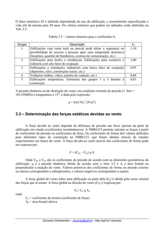 O fator estatístico S3 é definido dependendo do uso da edificação, e normalmente especificando a 
vida útil da mesma para 50 anos. Os valores mínimos que podem ser adotados estão definidos na 
Tab. 3.5. 
Tabela 3.5 – valores mínimos para o coeficiente S3 
Grupo Descrição S3 
1 Edificações cuja ruína total ou parcial pode afetar a segurança ou 
possibilidade de socorro a pessoas após uma tempestade destrutiva 
(hospitais, quartéis de bombeiros, centrais de comunicação, etc.) 
Zacarias Chamberlain – zacarias@upf.br - http://upf.br/~zacarias 
1,10 
2 Edificações para hotéis e residências. Edificações para comércio e 
indústria com alto fator de ocupação 
1,00 
3 Edificações e instalações industriais com baixo fator de ocupação 
(depósitos, silos, construções rurais, etc.) 
0,95 
4 Vedações (telhas, vidros, painéis de vedação, etc.) 0,88 
5 Edificações temporárias. Estruturas dos grupos 1 a 3 durante a 
construção 
0,83 
A pressão dinâmica ou de obstrução do vento, em condições normais de pressão (1 Atm = 
101320MPa) e temperatura a 150, é dada pela expressão: 
q = 0,613Vk 
2 (N/m2) 
3.3 – Determinação das forças estáticas devidas ao vento 
A força devido ao vento depende da diferença de pressão nas faces opostas da parte da 
edificação em estudo (coeficientes aerodinâmicos). A NBR6123 permite calcular as forças a partir 
de coeficientes de pressão ou coeficientes de força. Os coeficientes de forma têm valores definidos 
para diferentes tipos de construção na NBR6123, que foram obtidos através de estudos 
experimentais em túneis de vento. A força devida ao vento através dos coeficientes de forma pode 
ser expressa por: 
F = (Cpe – Cpi) q A 
Onde Cpe e Cpi são os coeficientes de pressão de acordo com as dimensões geométricas da 
edificação, q é a pressão dinâmica obtida de acordo com o item 3.2 e A a área frontal ou 
perpendicular a atuação do vento. Valores positivos dos coeficientes de forma ou pressão externo 
ou interno correspondem a sobrepressões, e valores negativos correspondem a suções. 
A força global do vento sobre uma edificação ou parte dela (Fg) é obtida pela soma vetorial 
das forças que aí atuam. A força global na direção do vento (Fa), é expressa por: 
Fa= Ca q Ae 
onde 
Ca = coeficiente de arrasto (coeficiente de força) 
Ae = área frontal efetiva 
 