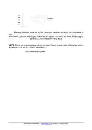 Vibração 
Maiores detalhes sobre as ações dinâmicas devidas ao vento, recomenda-se o 
livro: 
Blessmann, Joaquim, Introdução ao Estudo das Ações Dinâmicas do Vento. Porto Alegre: 
Editora da Universidade/UFRGS, 1998 
NOTA: Existe um programa para cálculo de vento de uso gratuito para edificações a duas 
águas que pode ser encontrado no endereço: 
http://www.etools.upf.br 
Zacarias Chamberlain – zacarias@upf.br - http://upf.br/~zacarias 
 