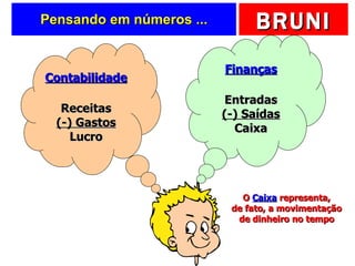Pensando em números ... Contabilidade Receitas (-) Gastos Lucro Finanças Entradas (-) Saídas Caixa O  Caixa  representa, de fato, a movimentação de dinheiro no tempo 