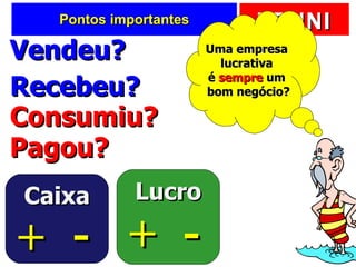 Pontos importantes Caixa Lucro Vendeu? + Recebeu? + Consumiu? - Pagou? - Uma empresa  lucrativa  é  sempre  um  bom negócio? 