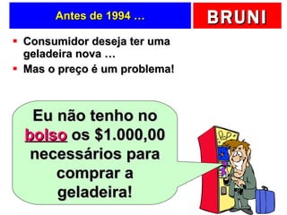 Antes de 1994 … Consumidor deseja ter uma geladeira nova … Mas o preço é um problema! Eu não tenho no  bolso  os $1.000,00 necessários para comprar a geladeira! 