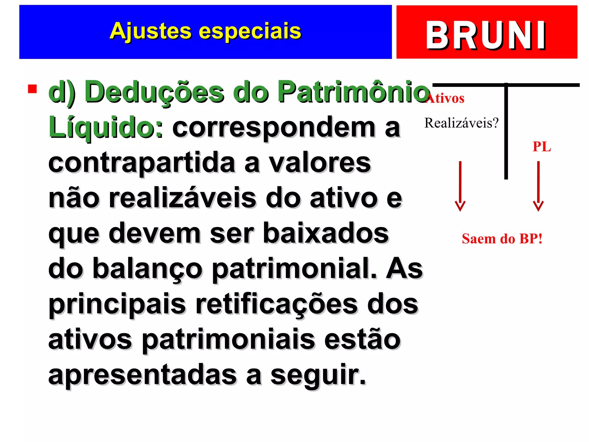 Ajustes especiais d) Deduções do Patrimônio Líquido:  correspondem a contrapartida a valores não realizáveis do ativo e que devem ser baixados do balanço patrimonial. As principais retificações dos ativos patrimoniais estão apresentadas a seguir. Realizáveis? Ativos PL Saem do BP! 