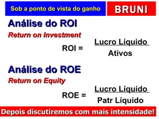 Sob a ponto de vista do ganho Análise do ROE Return on Equity ROE =  Lucro Líquido  Patr Líquido  Análise do ROI Return on Investment ROI =  Lucro Líquido  Ativos Depois discutiremos com mais intensidade! 