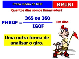 Prazo médio de ROF PMROF =  365 ou 360 IGOF Uma outra forma de  analisar o giro.  Quantos dias somos financiados? Em dias 