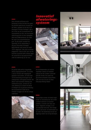 FAQTussenstuk zorgt voor
onzichtbare opvang
slagregen en sijpelwater
Deze innovatie valt terug op de
bestaande Euroline Discreet Inox goten.
De grootste waterstroom, komend van
de ramen, verdwijnt via de sleuf in de
afvoergoot (“Primary Drainage”). Wat is
de rol dan van het tussenelement? Het
tussenelement uit inox, met doorlopend
waterinloopprofiel en extra sijpelgaten,
klemt het EPDM-membraan van onder
het raam in de polyesterbetonnen
goot. Op die manier verdwijnt het
sijpelwater uit de raamprofielen in
de goot (“Secondary Drainage”).
Waterinfiltratie naar binnen toe wordt
100 % uitgesloten. Alles ligt onzichtbaar
weggewerkt. Enkel de fijne sleuf van het
bovenste opzetstuk blijft zichtbaar tegen
het raamprofiel en ligt gepositioneerd
onder de waterkering van de muur.
Onderhoudsgemak door
toegangsluik
De gootlijn blijft perfect toegankelijk
dankzij toegangselementen. De richtlijn
is dat er minstens één toegangsluik
geplaatst moet worden, het liefst waar
zich de aansluiting van de goot op de
ondergrondse rioleringsbuis bevindt. Het
deksel houdt bovendien rekening met
esthetische keuzes. Je kiest voor de
volle afdekking of je draait het deksel
en betegelt met de gekozen verharding.
Het tussenelement maakt dat ze
modulair te leggen zijn met een stevige
onderbouw.
Wat met de afwatering
van de rest van het
terras?
De buitenverharding zelf? Die blijft
natuurlijk lichtjes weg van het huis
afhellen. Daar waar de verharding
stopt kan u de Euroline Discreet
Inox in zijn traditionele toepassing
blijven voorzien.
Voor welke buitenver-
hardingen is dit
systeem geschikt?
De plaatsing van de Euroline BFL
Discreet is mogelijk met zowel
tegels als beton. Bij beton moet er
zeker ruimte voor een uitzetvoeg
voorzien worden. De maximale
dekking op het opzetstuk is dan
6,8 cm.
Voor welke raamtypes is
dit systeem geschikt?
Dankzij de modulaire opbouw
kan het systeem universeel
gebruikt worden met vrijwel
alle gecommercialiseerde
raamprofielen, zelfs met deze die
een vrij diepe (inbouw)profilering
hebben. Daarnaast is dit modulaire
systeem geschikt voor profielen
in alle materialen, zowel hout als
aluminium.
Is dit product onder-
houdsvriendelijk ?
Alles vraagt uiteraard zijn
onderhoud. Dat is net zo met
een douchegoot in de badkamer
en alles wat je in of om je huis
plaatst. Wij raden aan de naad
tussen opzetstuk en raam aan de
ene zijde en opzetstuk en tegel (of
andere verharding) aan de andere
zijde met een elastische voeg op
te kitten. Dit voorkomt scheurtjes
en vuil. Het onderhoud wordt nog
vergemakkelijkt doordat de gootlijn
perfect toegankelijk blijft dankzij
de toegangselementen.
Kan deze afvoergoot ge-
noeg water opvangen ?
Het aantal cm² inloop per lopende
meter bij een Euroline Discreet
is minstens evenveel als bij een
klassiek rooster op een goot
met binnenbreedte 10 cm. Het
debiet wordt niet zozeer bepaald
door deze sleuf of de breedte/
diepte van het kanaal maar wel
door de diameter van de uitloop
en het aantal uitlopen. Uiteraard
heeft ook alles te maken met
onderhoud. Bovendien worden
deze goten al langer geplaatst
voor de afwatering van terrassen.
Deze krijgen grotere debieten te
verwerken, dan tegen raampartijen
waar deze enkel het water van de
slagregen zal moeten opvangen.
Modulaire opbouwsysteem
De tussenelementen zijn modulair
stapelbaar. Dankzij de modulaire
opbouw kan het systeem universeel
gebruikt worden met vrijwel alle
gecommercialiseerde raamprofielen,
zelfs met deze die een vrij diepe
(inbouw)profilering hebben.
Toepasbaar rondom de
gehele woning dankzij
nieuwe hoekelementen
Euroline Discreet
Raampartijen worden niet alleen hoger,
breder en minimalistischer met minder
zichtbare aluminium of kunststof
profielen, ze komen ook meer naar
voren. Dagkanten vervagen. En er
zijn natuurlijk hoekramen. ACO brengt
daarom ook binnen- en buitenhoeken op
de markt. Het afwateringsconcept kan
bijgevolg rondom de woning doorlopen.
Technische informatie
Download technische
tekeningen, lastenboekteksten
en inbouwvoorschriften op
www.acogarden.be
Innovatief
afwaterings-
systeem
Heb je nog bijkomende
vragen, twijfel dan zeker
niet om ons te contacten:
info@aco.be
 