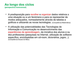 Ao longo dos ciclos  (perspectiva transversal)  A predisposição para  recolher  e  organizar  dados relativos s uma situação ou a um fenómeno e para os representar de modos adequados, nomeadamente através de tabelas e gráficos e utilizando as novas tecnologias.  (Competência Matemática)  A utilização das potencialidades das Tecnologias de Informação e Comunicação no desenvolvimento das  experiências de aprendizagem , da iniciativa dos alunos e ou dos professores (pesquisas na Internet, utilização de  softwere  específico, enciclopédias em cd-room, dicionários, jogos...).  (Competência Estudo do Meio) 