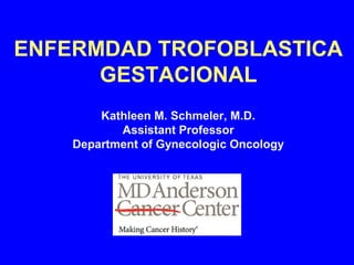 ENFERMDAD TROFOBLASTICA
GESTACIONAL
Kathleen M. Schmeler, M.D.
Assistant Professor
Department of Gynecologic Oncology
 