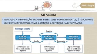 MEMÓRIA
• PARA QUE A INFORMAÇÃO TRANSITE ENTRE ESTES COMPARTIMENTOS, É IMPORTANTE
QUE EXISTAM PROCESSOS COMO A ATENÇÃO, A REPETIÇÃO E A RECUPERAÇÃO.
 
